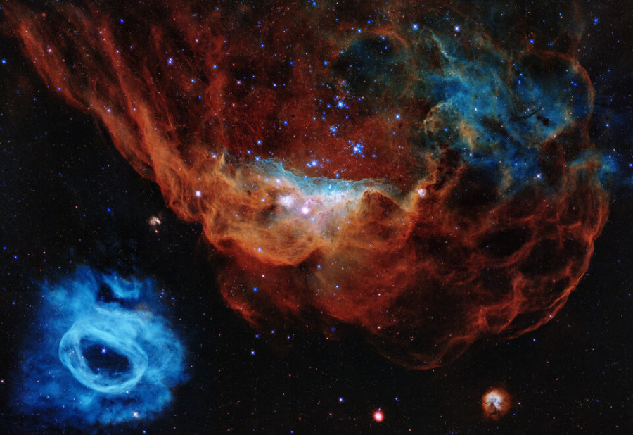Fotografía Arrecife Cósmico de las nebulosas NGC 2014 roja y NGC 2020 azul. Foto ESA