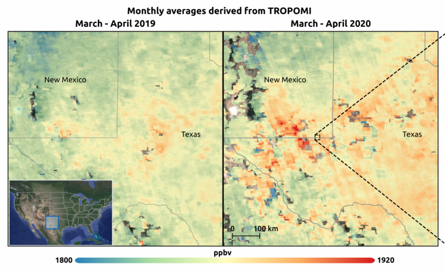 Comparativa de los niveles de metano entre los meses de marzo y abril de 2019 y 2020. Foto ESA