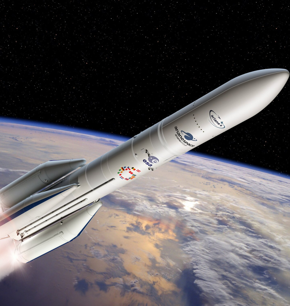 Artist s view of the configuration of Ariane 6 using four boosters A64 pillars