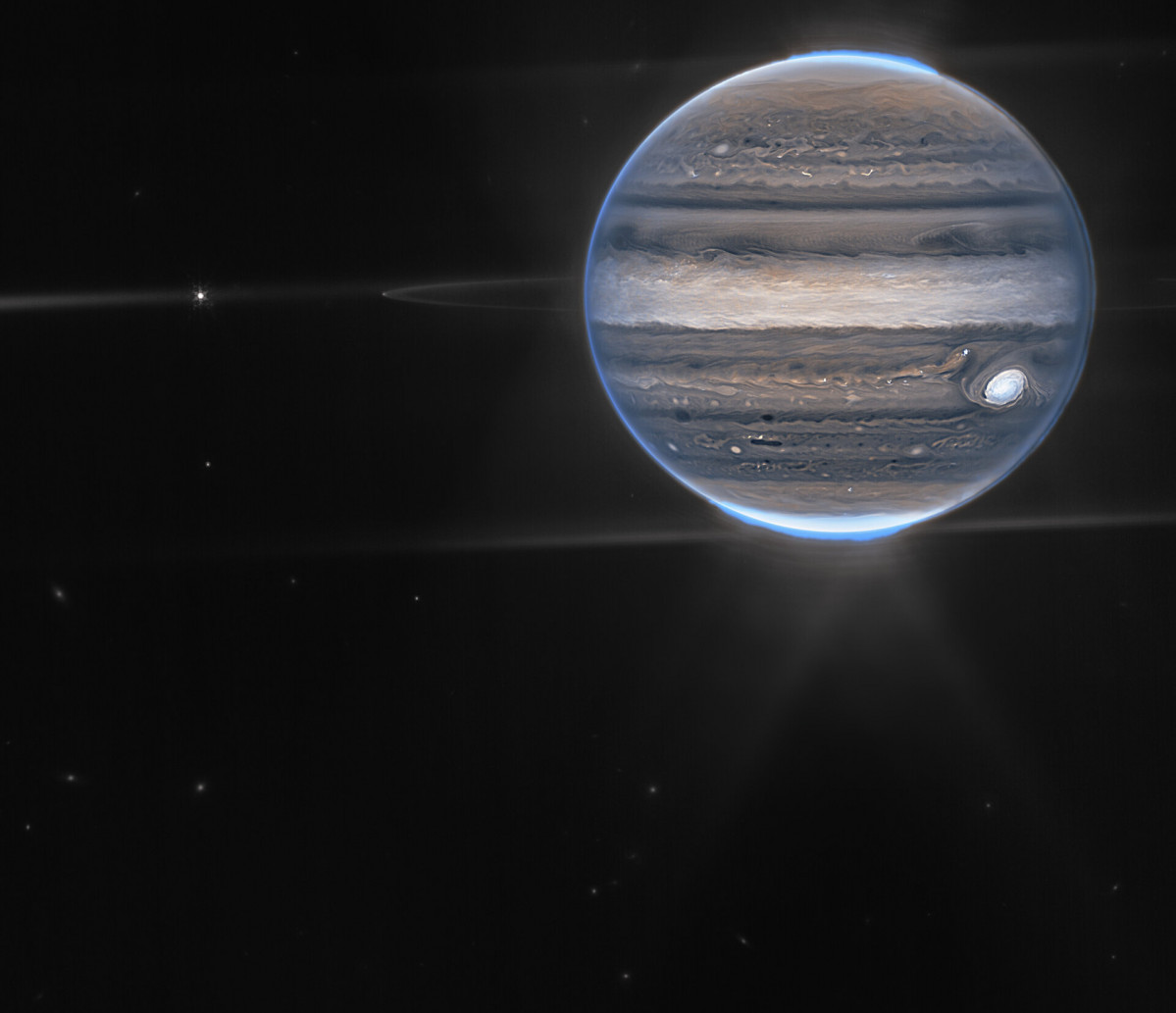 Jupiter showcases aurorae hazes NIRCam widefield view pillars