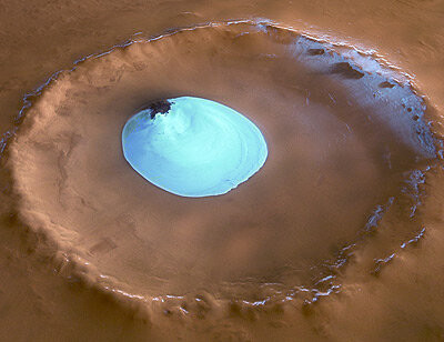 Perspective view of crater with water ice   looking east article