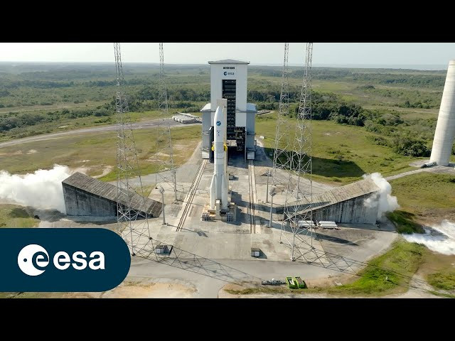 Hot-fire test of Ariane 6 core stage on launch pad